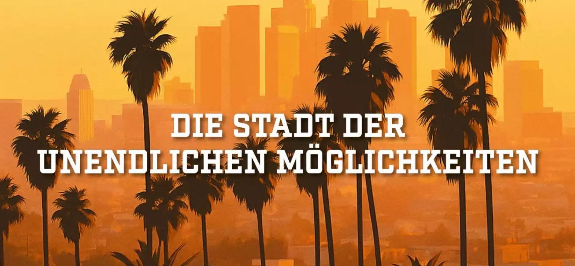 Palmen im Vordergrund und Skyline von Los Angeles im Hintergrund im Stile eines Videospiels