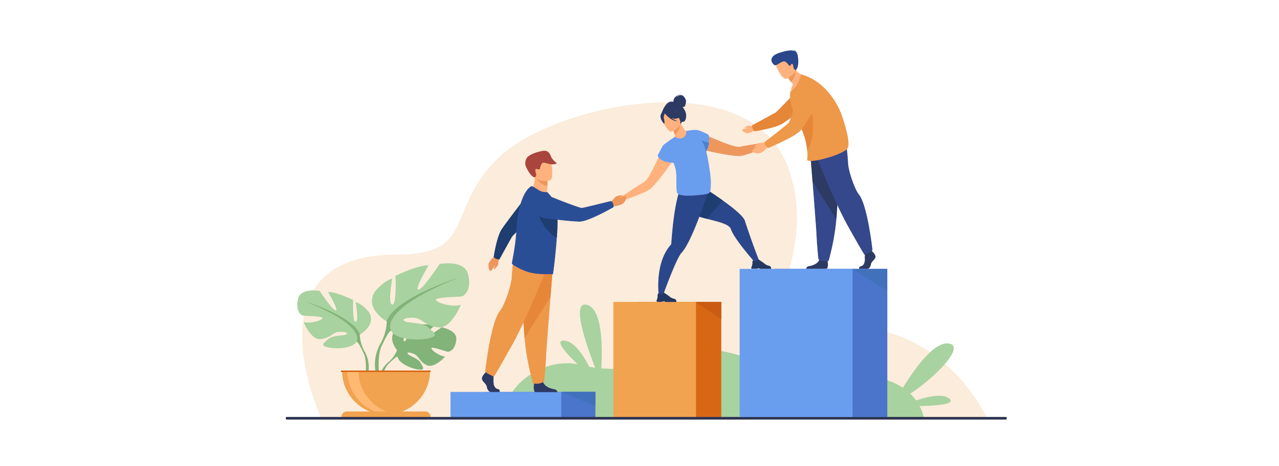 Karikatur von drei Personen, die einander helfen aufsteigende Blöcke hoch zu kommen